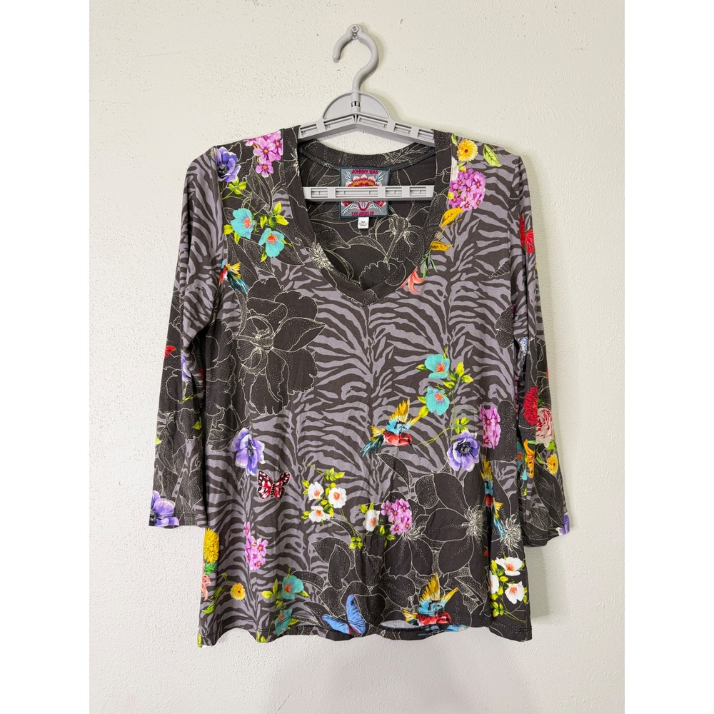 Johnny Was Los Angeles Mixed Media Zebra Floral Butterfly Print Brown Top XS